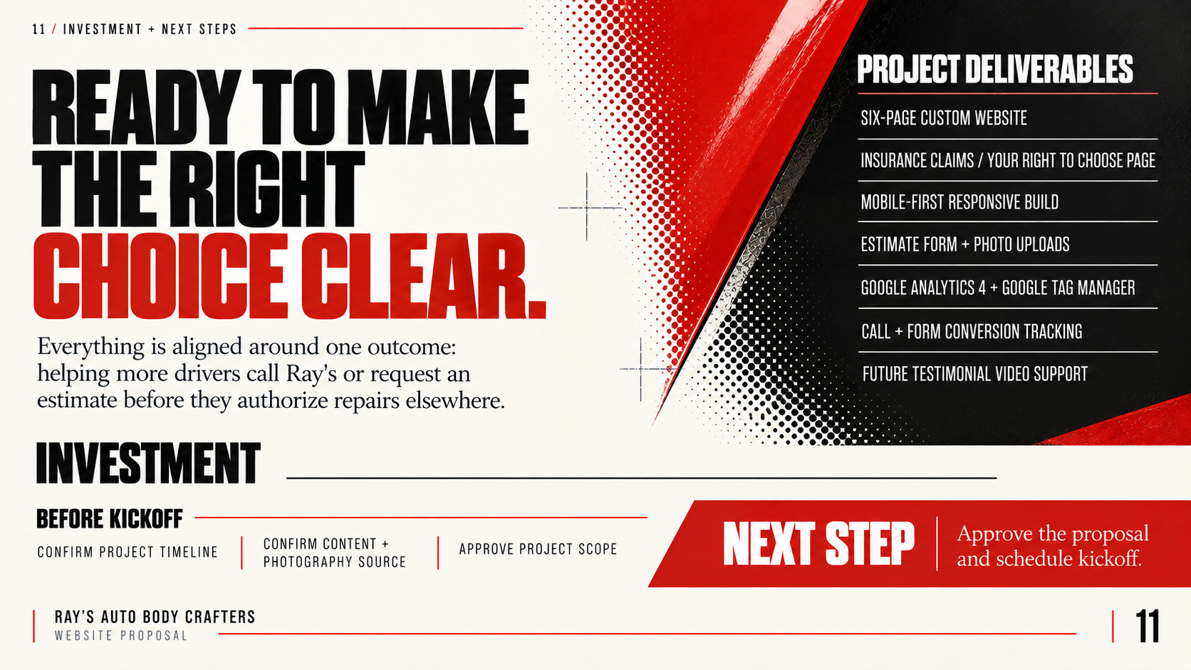 Investment and next steps proposal page